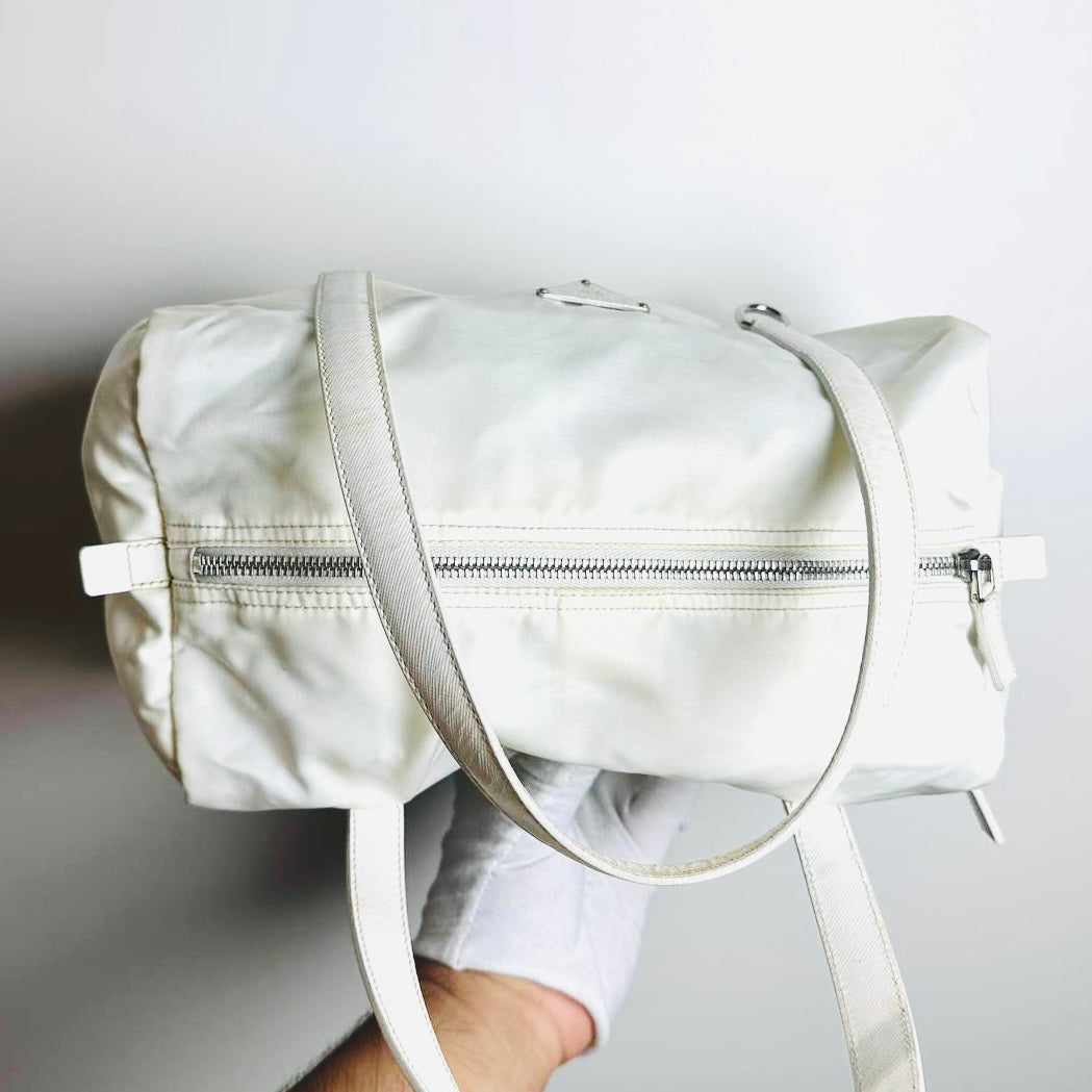 Prada White Tessuto / Leather Monogram Logo Nylon Shopper Shoulder Boston Tote Bag