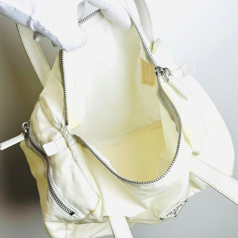 Prada White Tessuto / Leather Monogram Logo Nylon Shopper Shoulder Boston Tote Bag