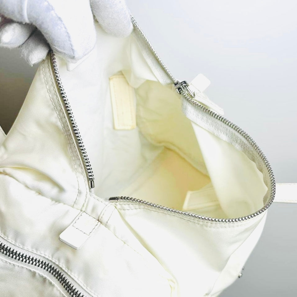 Prada White Tessuto / Leather Monogram Logo Nylon Shopper Shoulder Boston Tote Bag