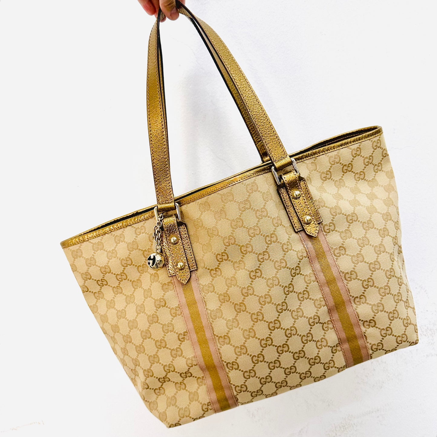 Gucci Beige GHW GG Monogram Logo Sherry Charm Web Striped Shopper Shoulder Tote Bag