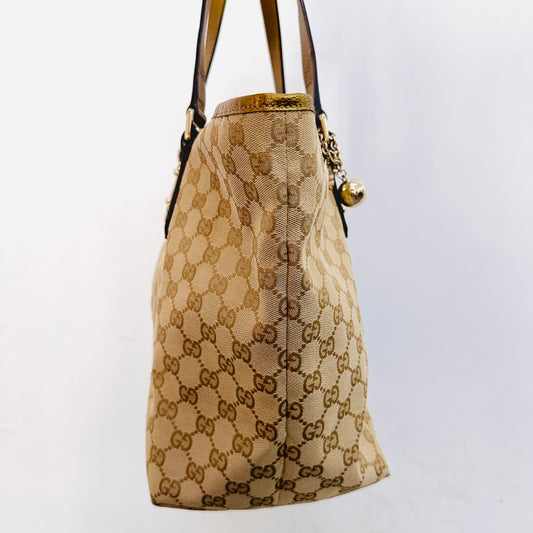 Gucci Beige GHW GG Monogram Logo Sherry Charm Web Striped Shopper Shoulder Tote Bag