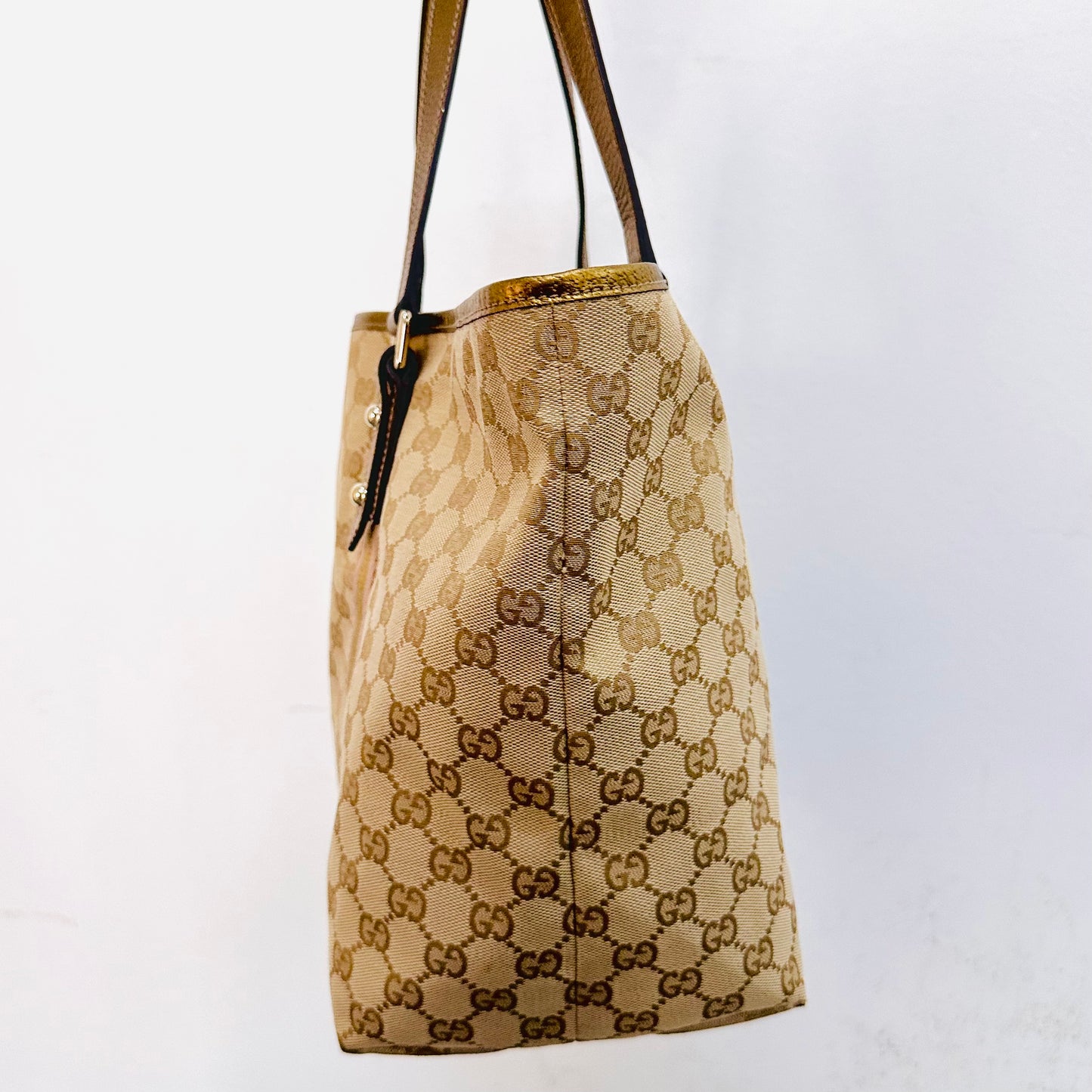 Gucci Beige GHW GG Monogram Logo Sherry Charm Web Striped Shopper Shoulder Tote Bag