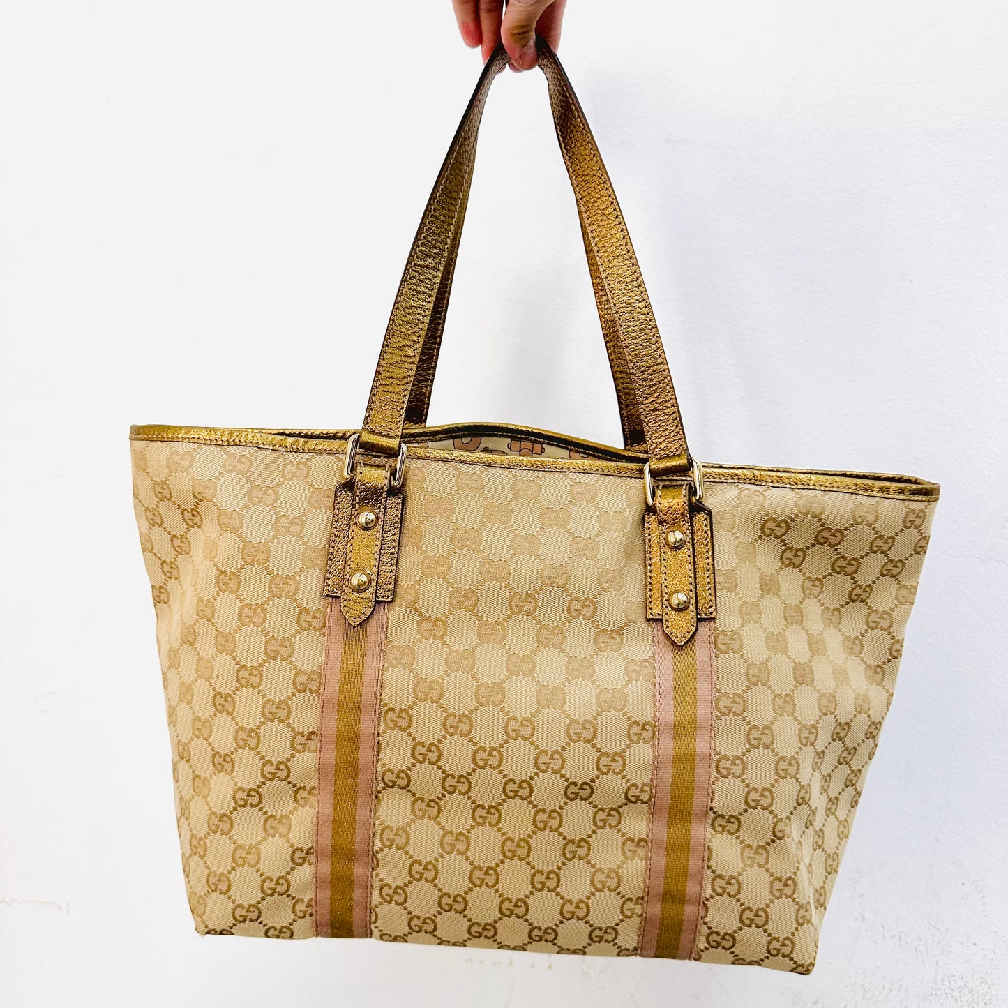 Gucci Beige GHW GG Monogram Logo Sherry Charm Web Striped Shopper Shoulder Tote Bag