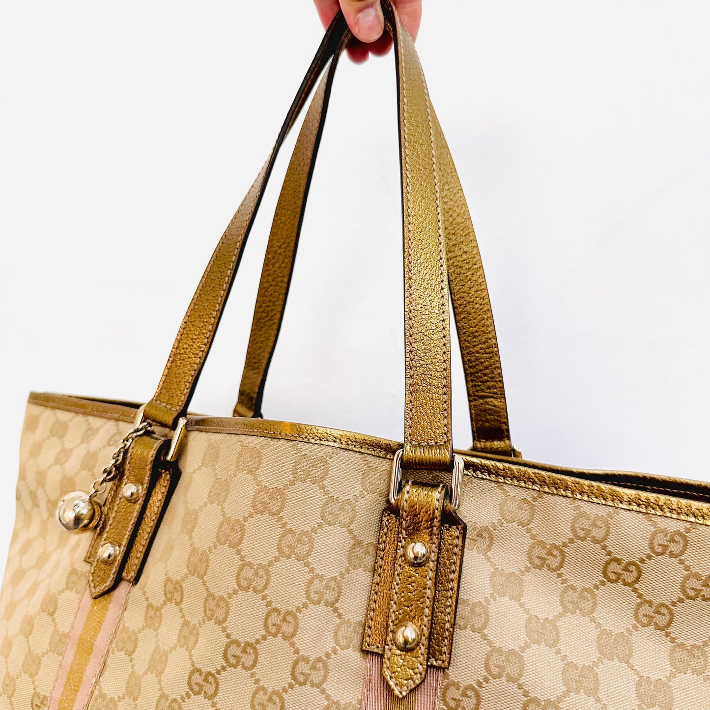 Gucci Beige GHW GG Monogram Logo Sherry Charm Web Striped Shopper Shoulder Tote Bag