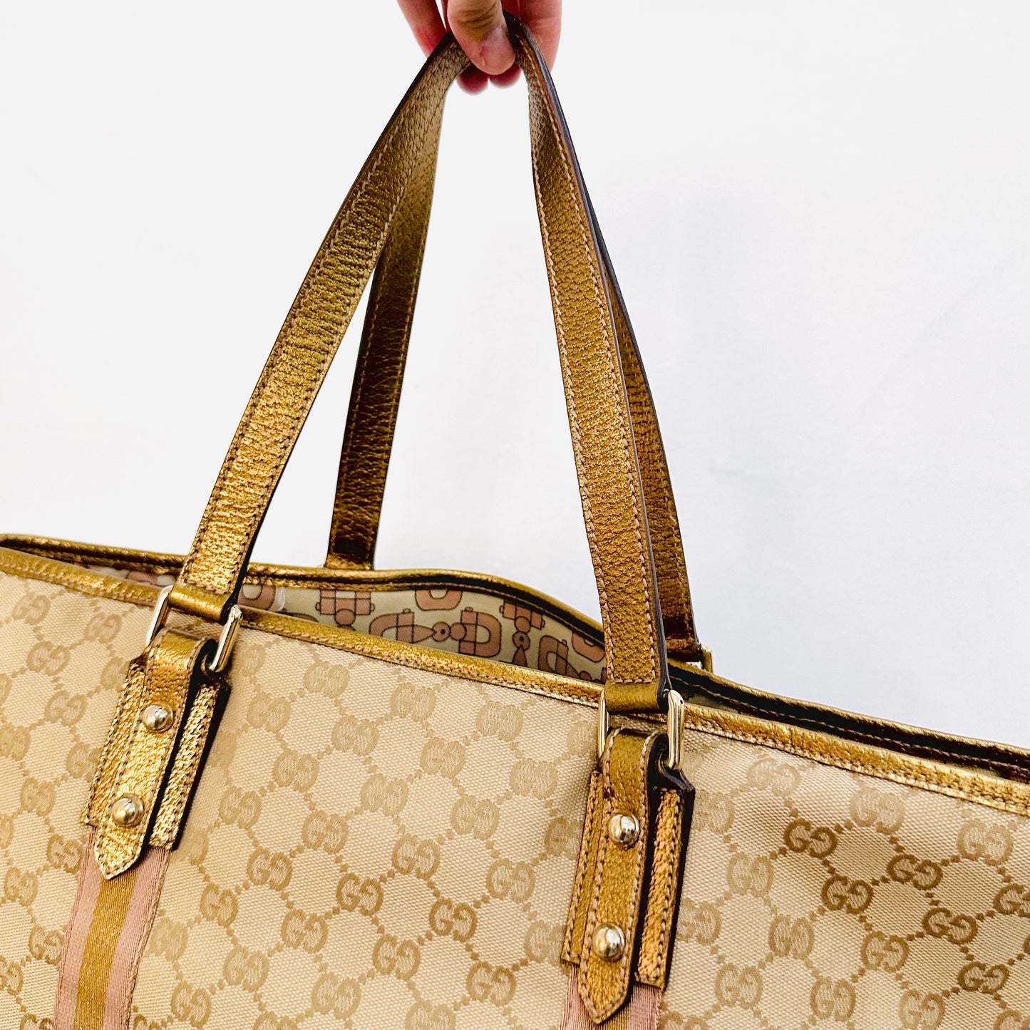 Gucci Beige GHW GG Monogram Logo Sherry Charm Web Striped Shopper Shoulder Tote Bag