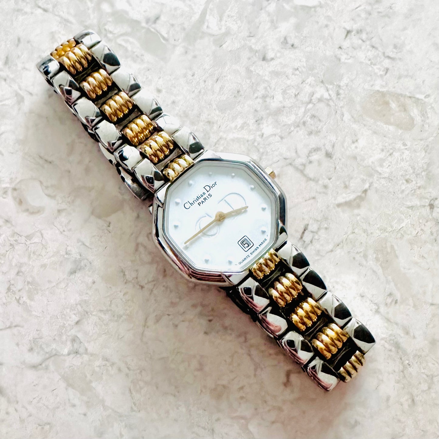 Christian Dior CD White Dial Monogram Logo Octagon Two Tone Gold & Stainless Steel Quartz 25MM Watch