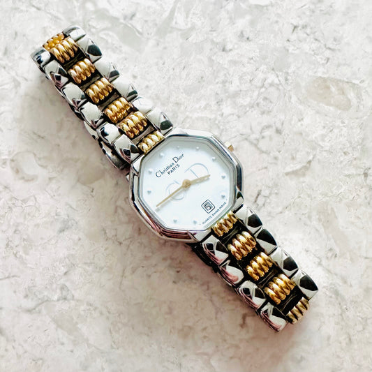 Christian Dior CD White Dial Monogram Logo Octagon Two Tone Gold & Stainless Steel Quartz 25MM Watch