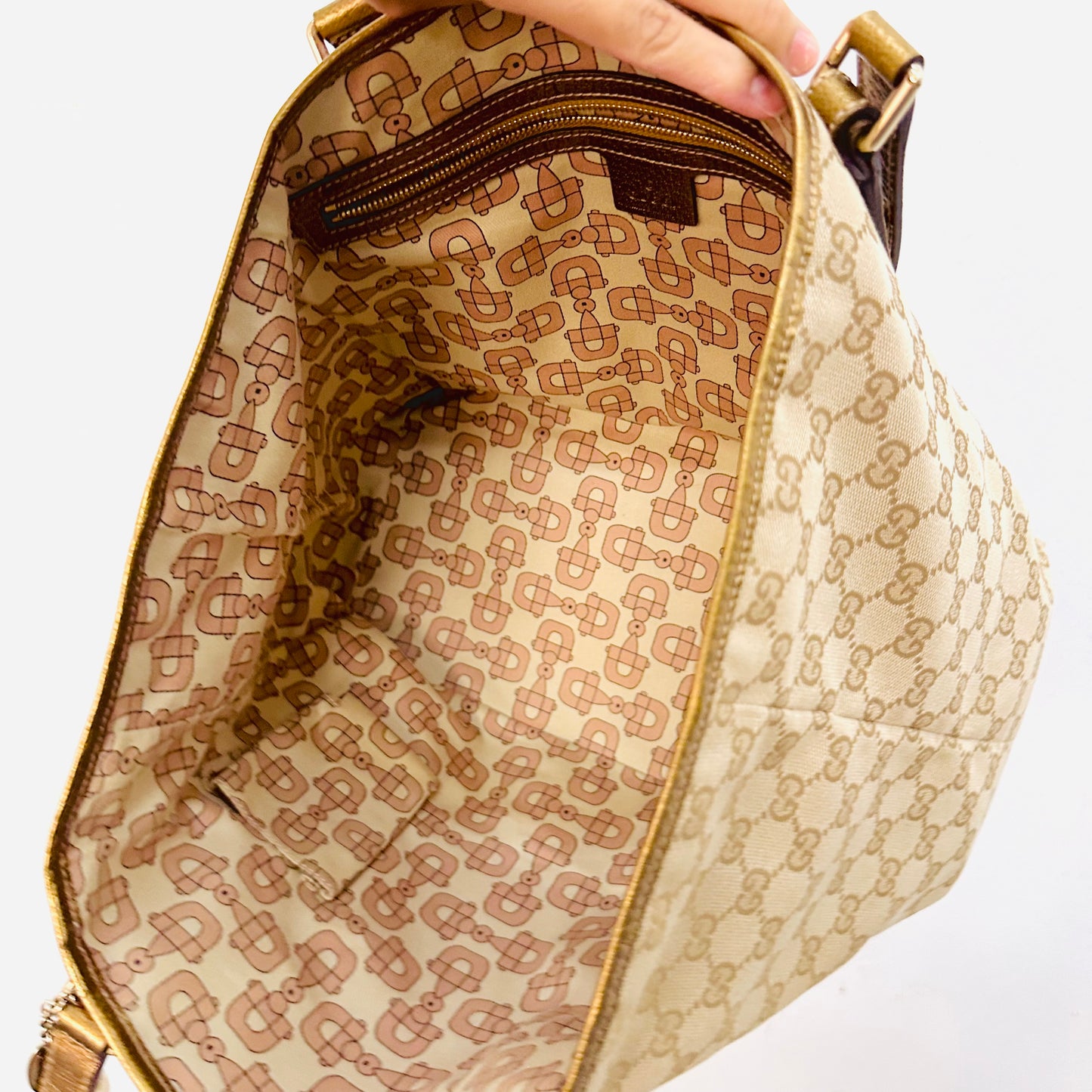 Gucci Beige GHW GG Monogram Logo Sherry Charm Web Striped Shopper Shoulder Tote Bag