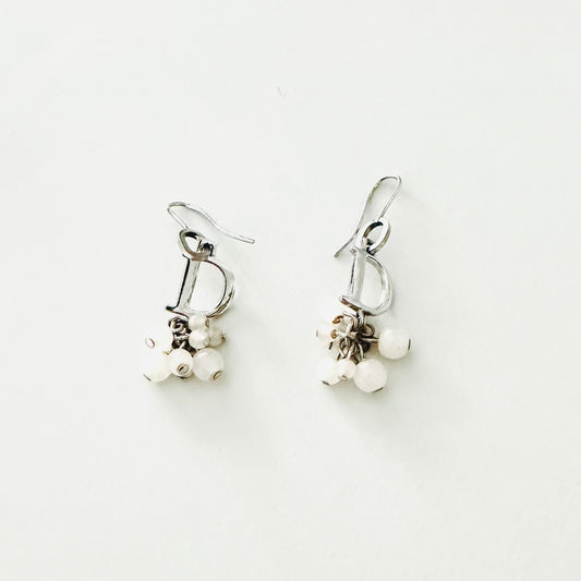 Christian Dior CD Signature Monogram Logo Dainty Classic Silver & Beads Dangling Vintage Earrings