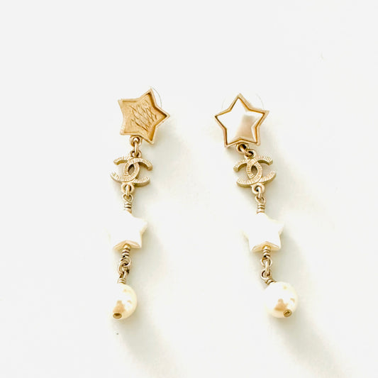 Chanel CC Signature Monogram Logo Classic Gold Star & Pearls Dangling Stud Vintage Earrings