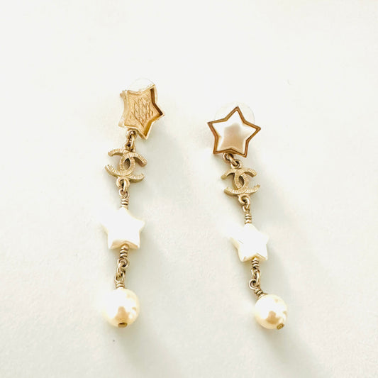 Chanel CC Signature Monogram Logo Classic Gold Star & Pearls Dangling Stud Vintage Earrings