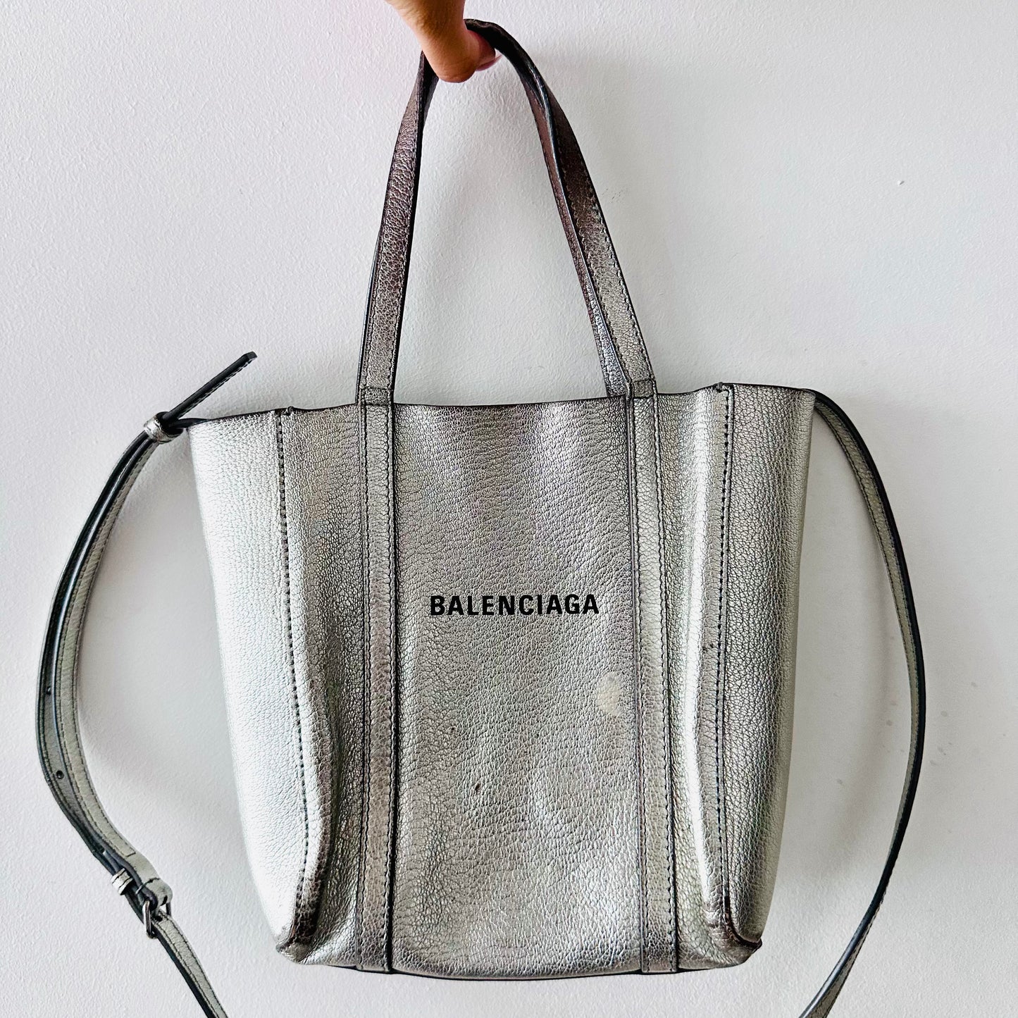 Balenciaga Metallic Silver Everyday XXS Monogram Logo 2-Way Shoulder Shopper Leather Tote Bag