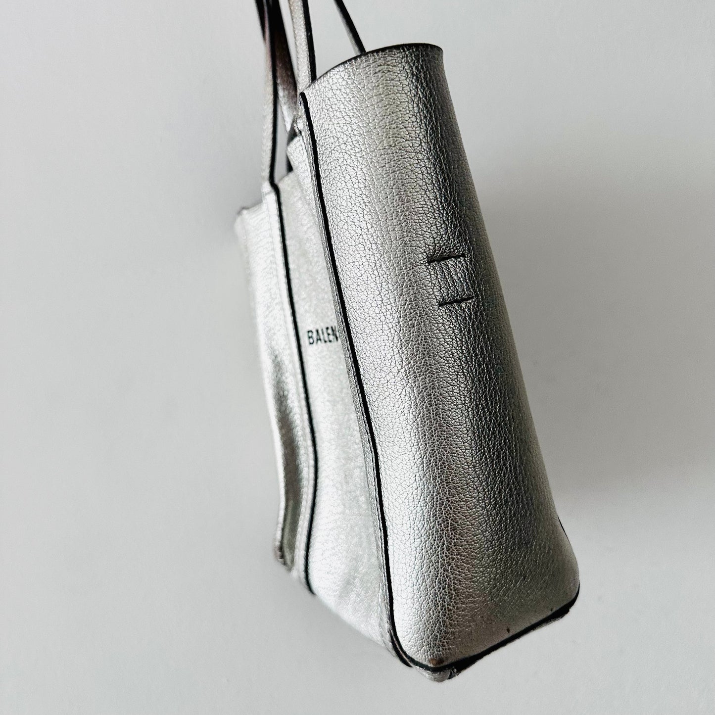 Balenciaga Metallic Silver Everyday XXS Monogram Logo 2-Way Shoulder Shopper Leather Tote Bag