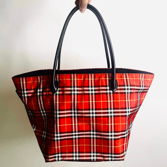 Burberry Deep Red Classic Check Nova Haymarket Checkered Shopper Shoulder Top Handle Tote Bag