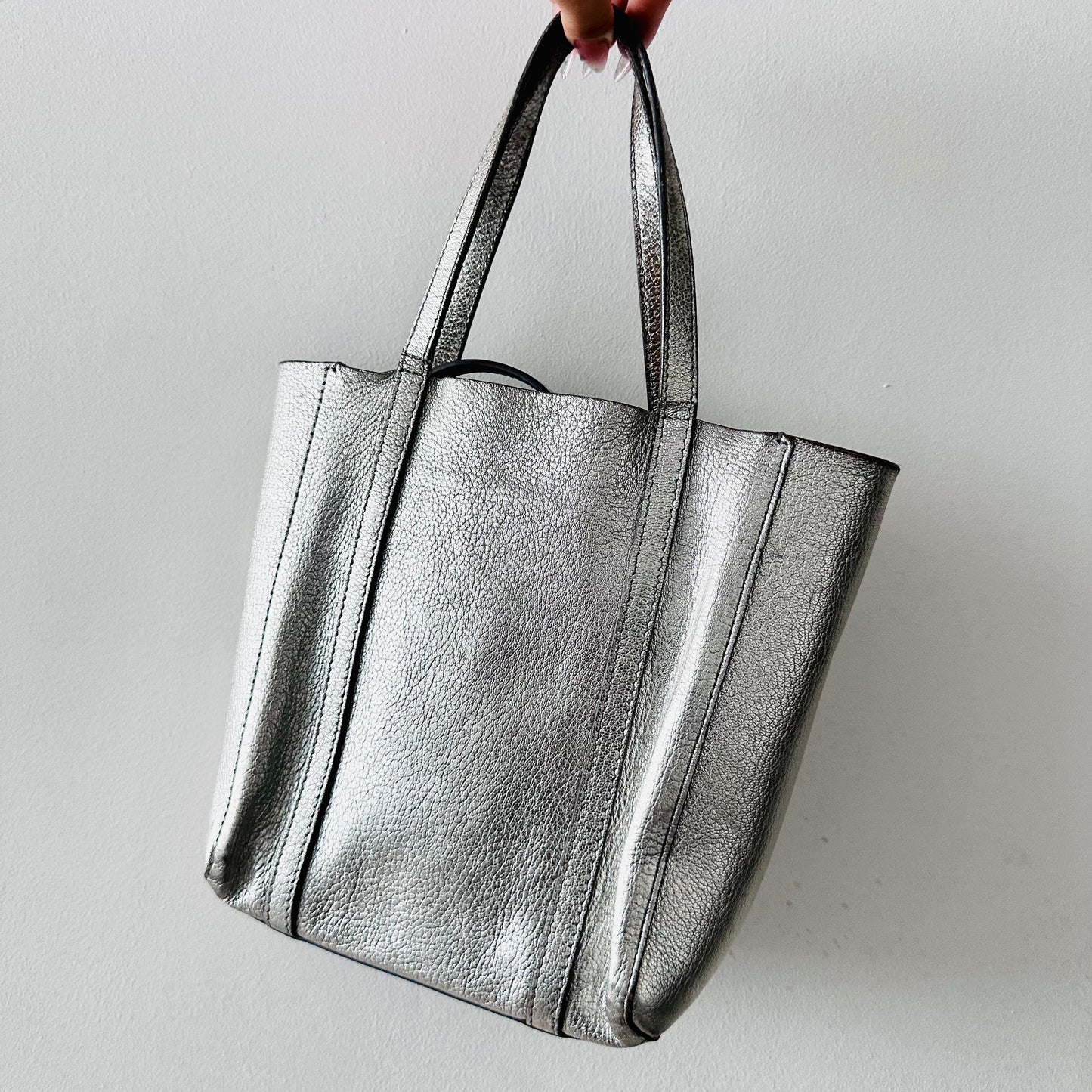 Balenciaga Metallic Silver Everyday XXS Monogram Logo 2-Way Shoulder Shopper Leather Tote Bag