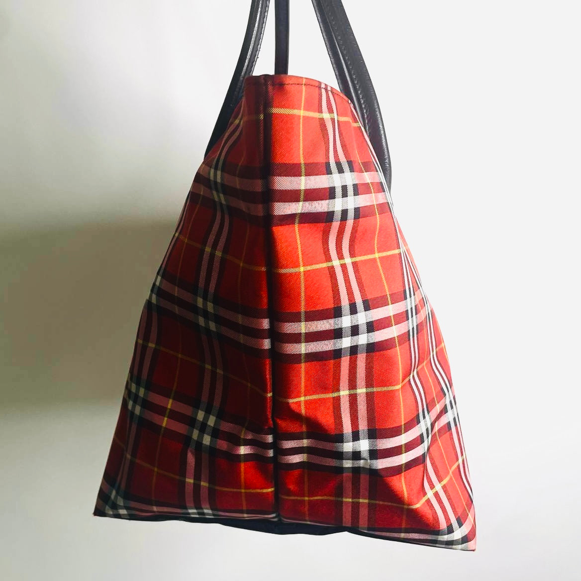 Burberry Deep Red Classic Check Nova Haymarket Checkered Shopper Shoulder Top Handle Tote Bag