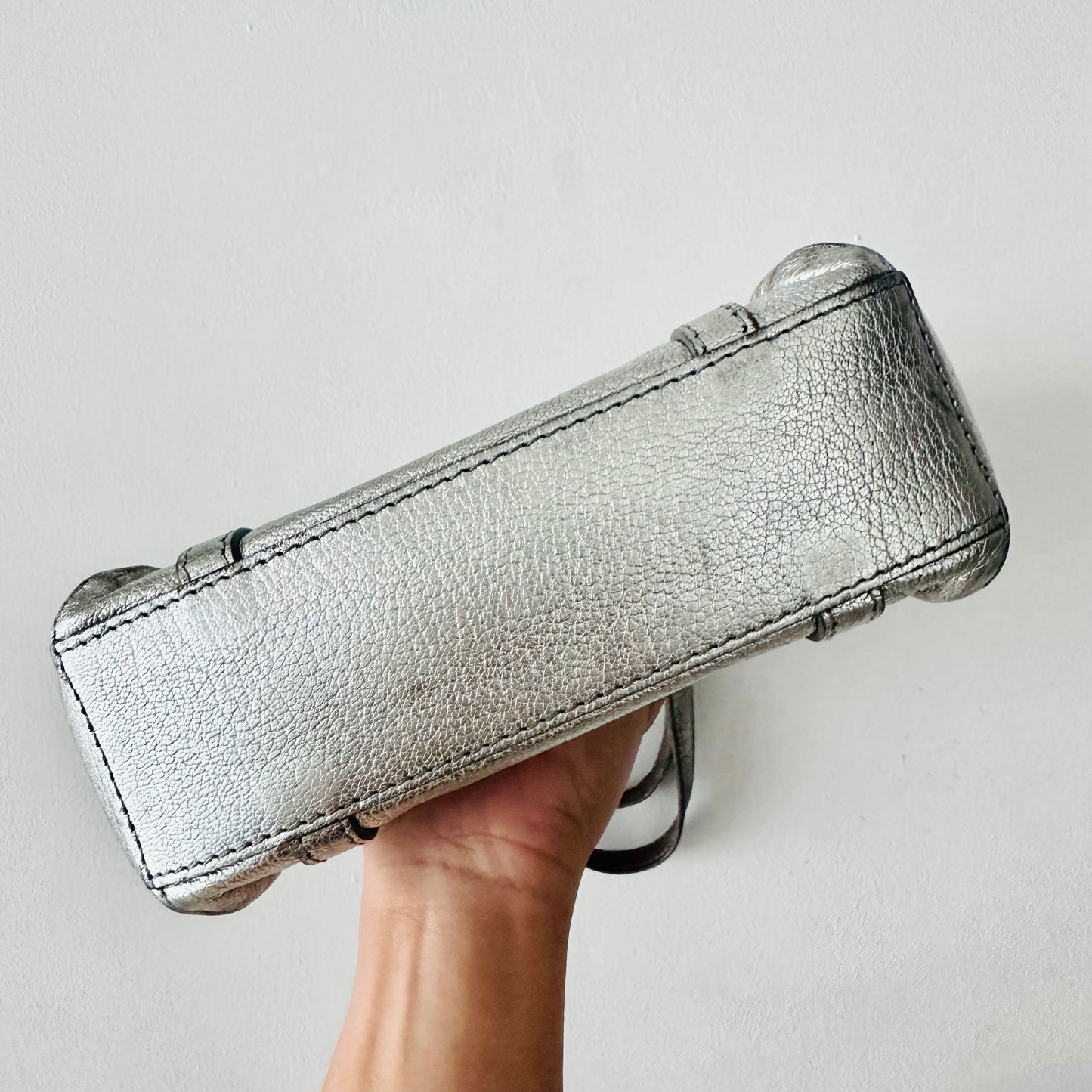 Balenciaga Metallic Silver Everyday XXS Monogram Logo 2-Way Shoulder Shopper Leather Tote Bag