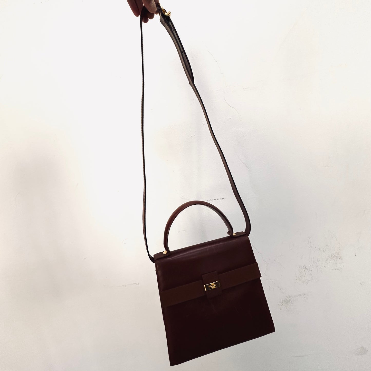 Salvatore Ferragamo Kelly Dark Brown GHW Monogram Logo Smooth Leather 2-Way Top Handle Shoulder Sling Bag