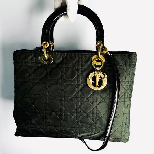 Christian Dior CD Dark Olive / Black GHW Large Lady Dior Cannage Quilted Fabric Monogram Logo 2-Way Top Handle Shoulder Sling Bag