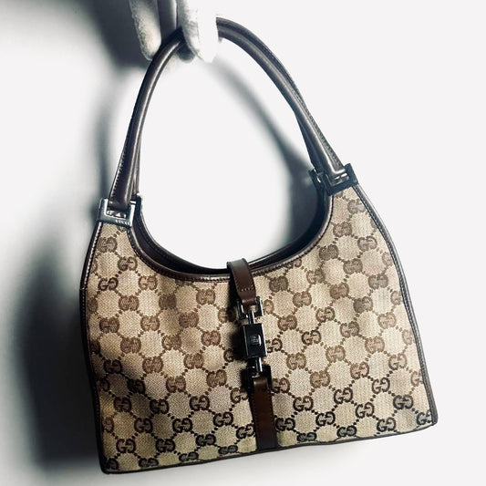 Gucci Brown / Beige Jackie GG Monogram Logo Vintage Baguette Hobo Shoulder Bag