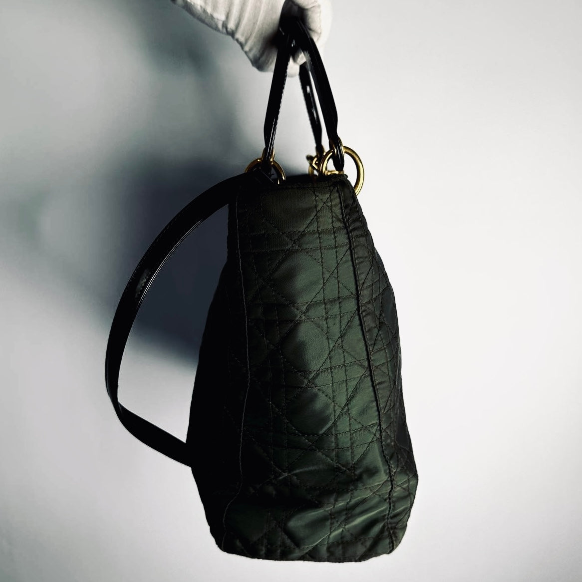 Christian Dior CD Dark Olive / Black GHW Large Lady Dior Cannage Quilted Fabric Monogram Logo 2-Way Top Handle Shoulder Sling Bag