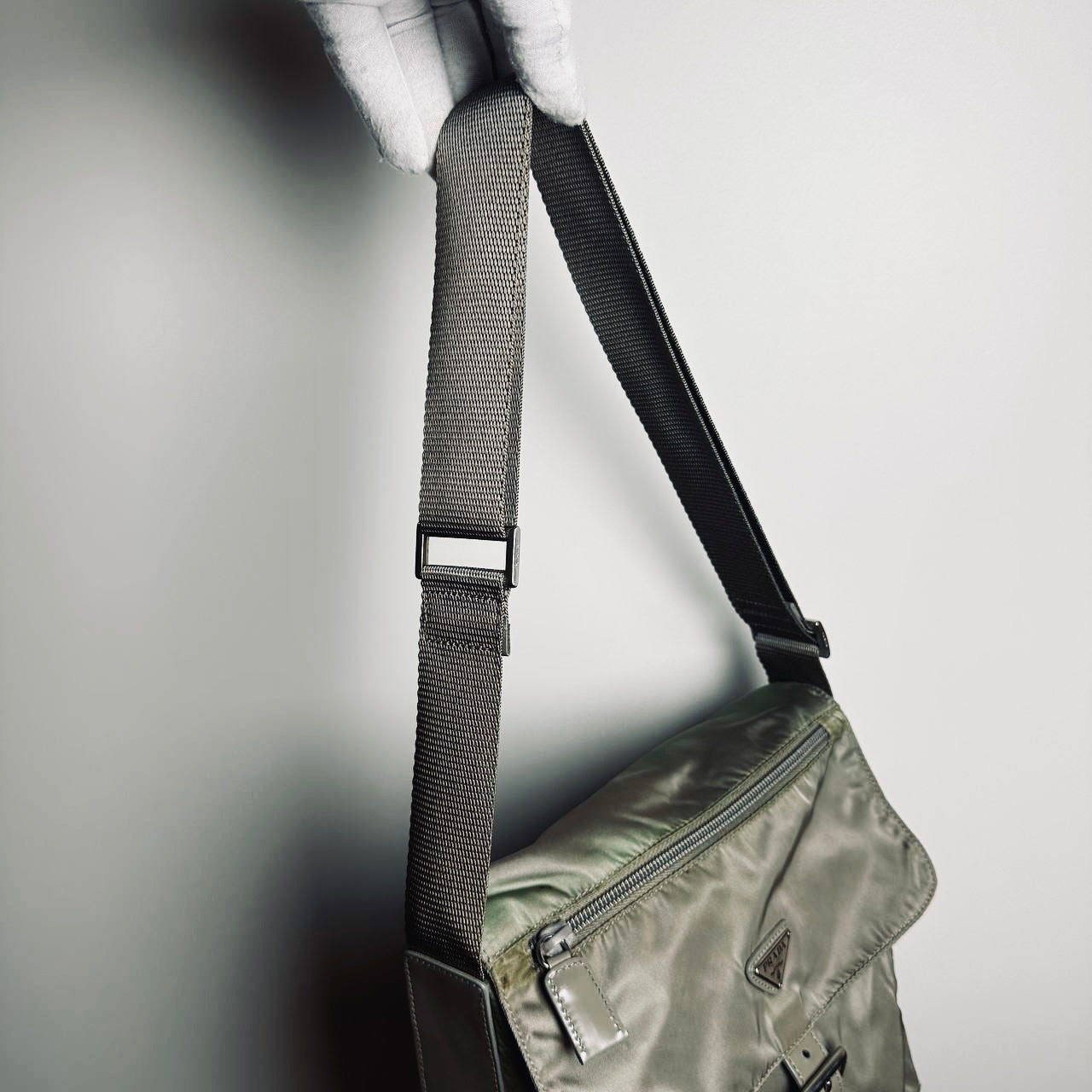 Prada Sage Green Khaki Tessuto Monogram Logo Nylon & Leather Flap Shoulder Sling Bag