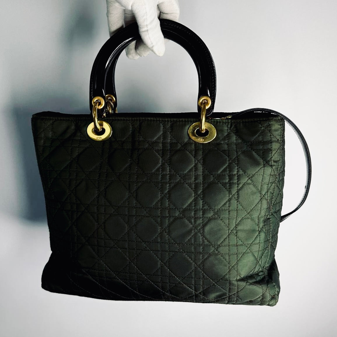 Christian Dior CD Dark Olive / Black GHW Large Lady Dior Cannage Quilted Fabric Monogram Logo 2-Way Top Handle Shoulder Sling Bag