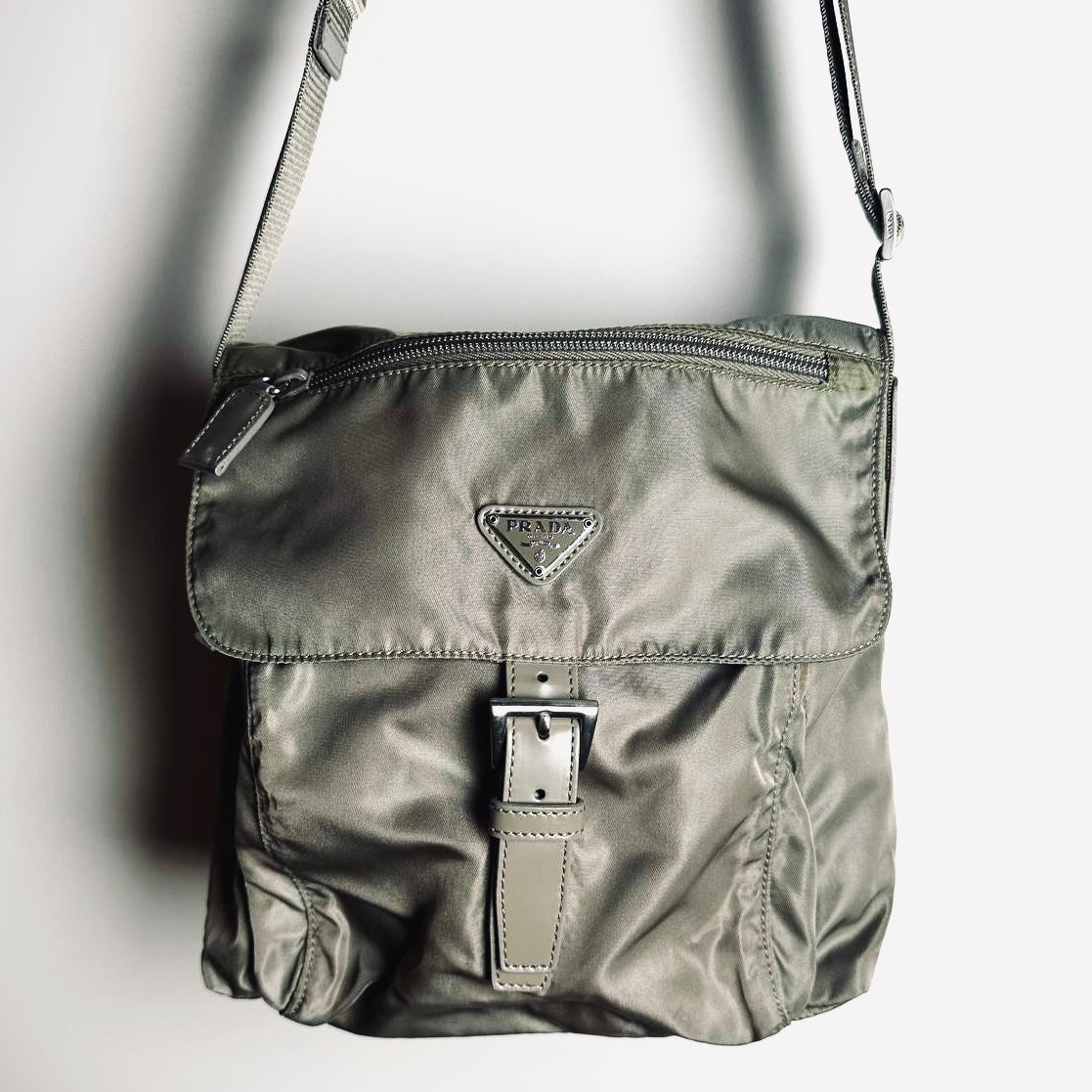 Prada Sage Green Khaki Tessuto Monogram Logo Nylon & Leather Flap Shoulder Sling Bag