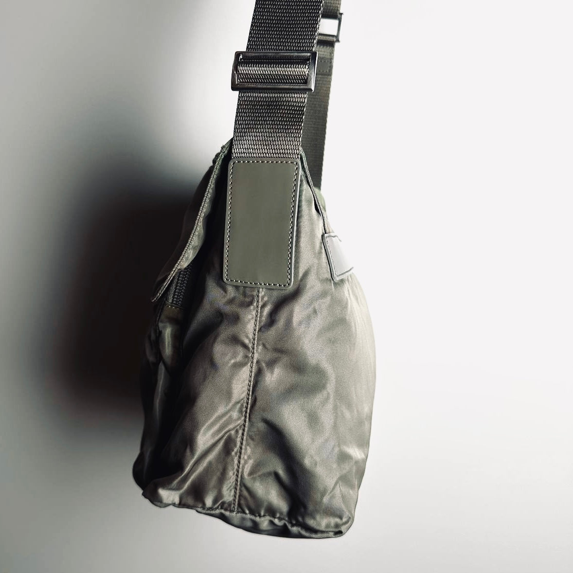 Prada Sage Green Khaki Tessuto Monogram Logo Nylon & Leather Flap Shoulder Sling Bag