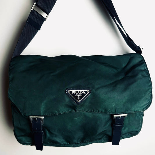 Prada Jade Green Tessuto Monogram Logo Nylon & Leather Flap Shoulder Sling Messenger Bag