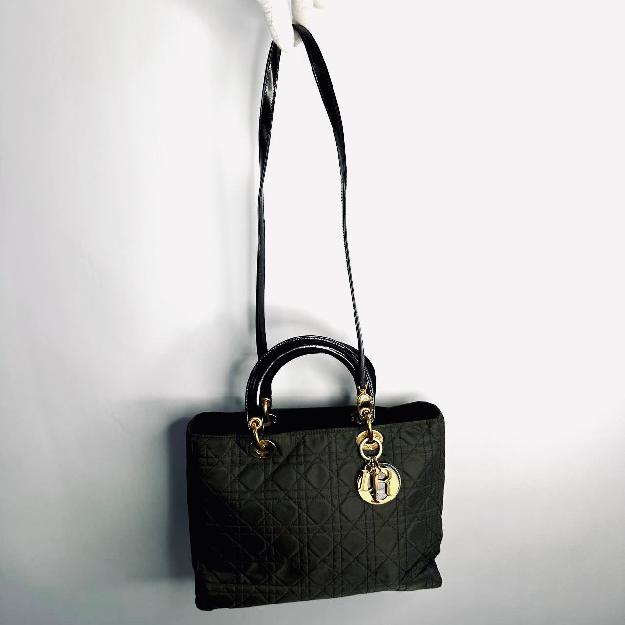Christian Dior CD Dark Olive / Black GHW Large Lady Dior Cannage Quilted Fabric Monogram Logo 2-Way Top Handle Shoulder Sling Bag