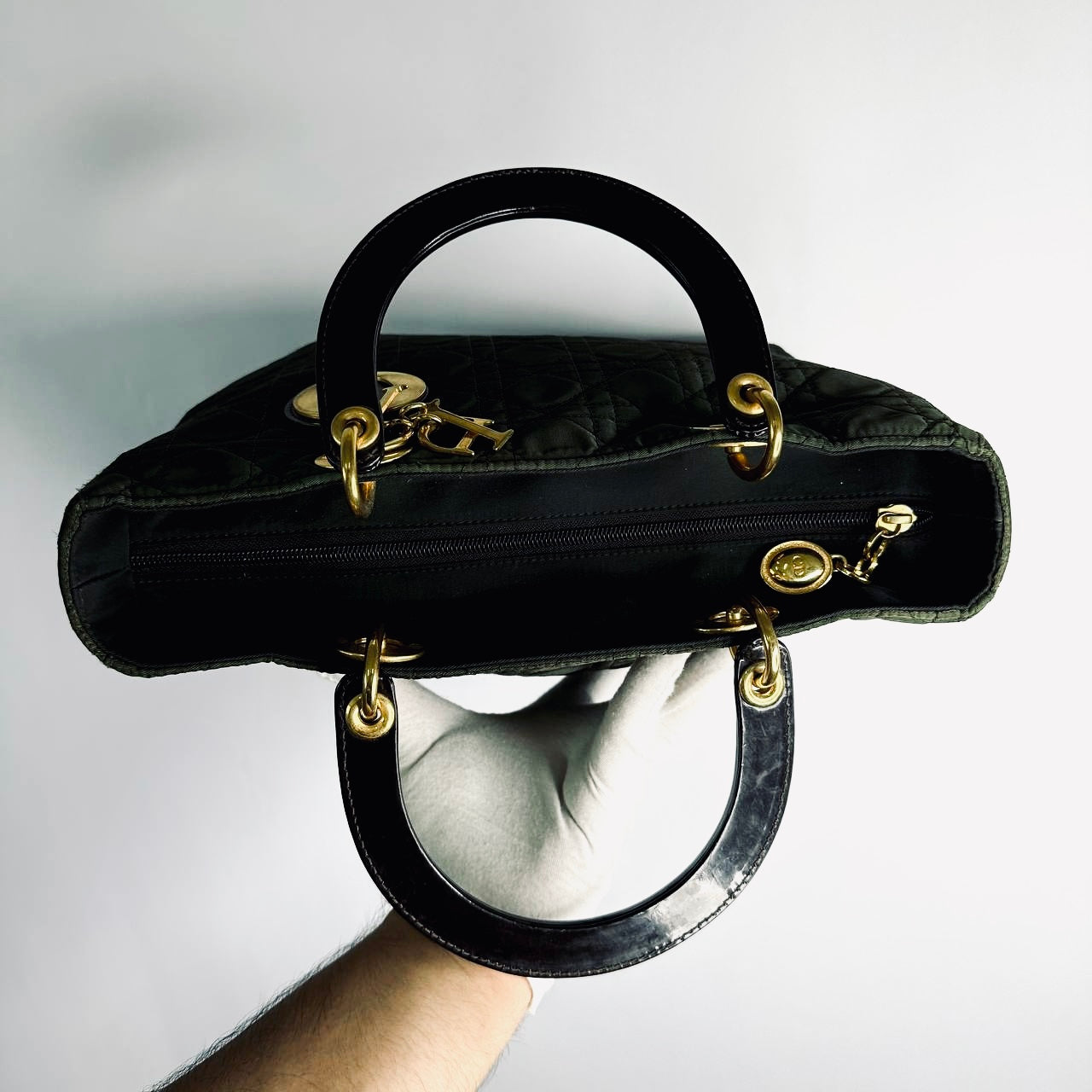 Christian Dior CD Dark Olive / Black GHW Large Lady Dior Cannage Quilted Fabric Monogram Logo 2-Way Top Handle Shoulder Sling Bag