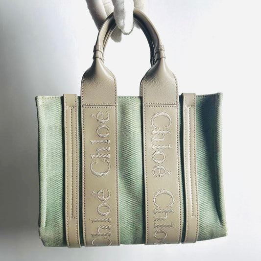 Chloe Woody Sage Green Monogram Logo 2-Way Small Shopper Shoulder Sling Tote Bag