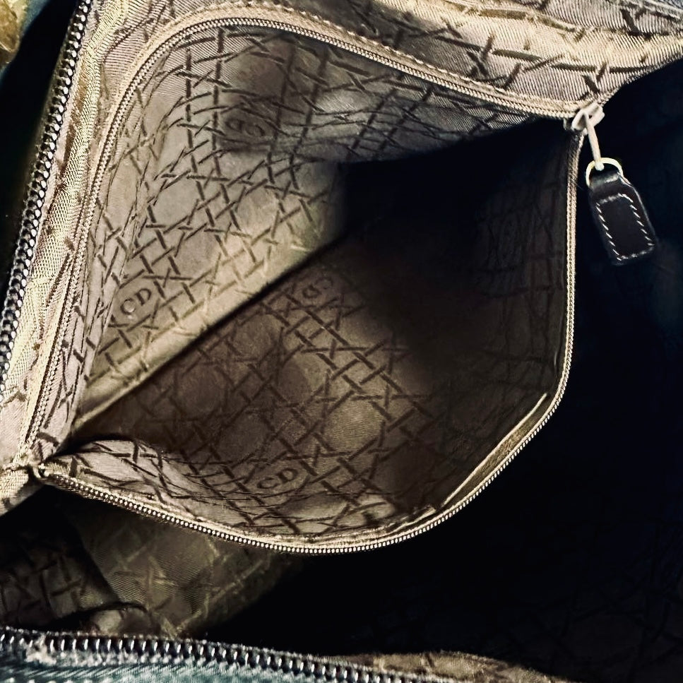 Christian Dior CD Dark Olive / Black GHW Large Lady Dior Cannage Quilted Fabric Monogram Logo 2-Way Top Handle Shoulder Sling Bag