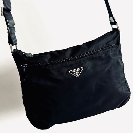Prada Black Classic Logo Vela Sport Nylon & Leather Camera Shoulder Sling Bag
