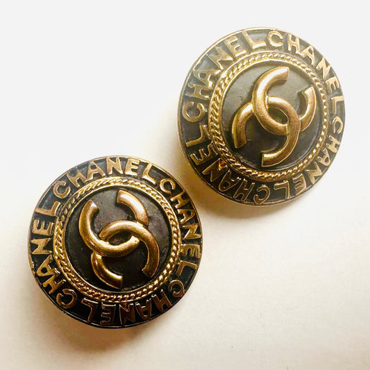 Chanel Black Gold Giant CC Monogram Logo Clip On Vintage Earrings