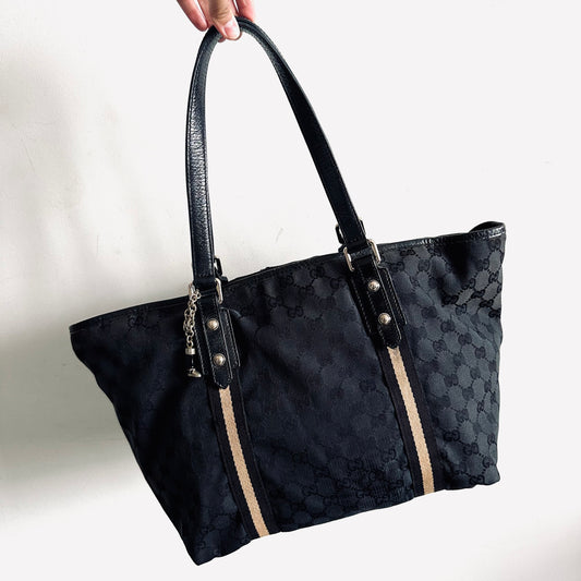 Gucci Navy Blue / Black GHW GG Monogram Logo Sherry Charm Web Striped Shopper Shoulder Tote Bag