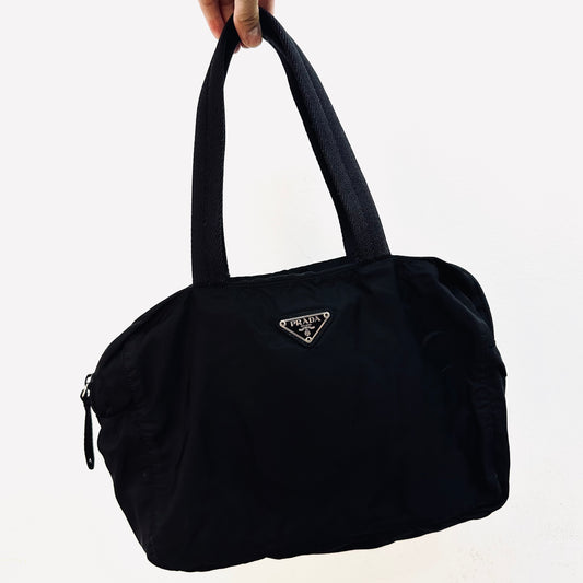 Prada Black Tessuto Classic Logo Nylon Bowling Boston Shopper Shoulder Tote Bag