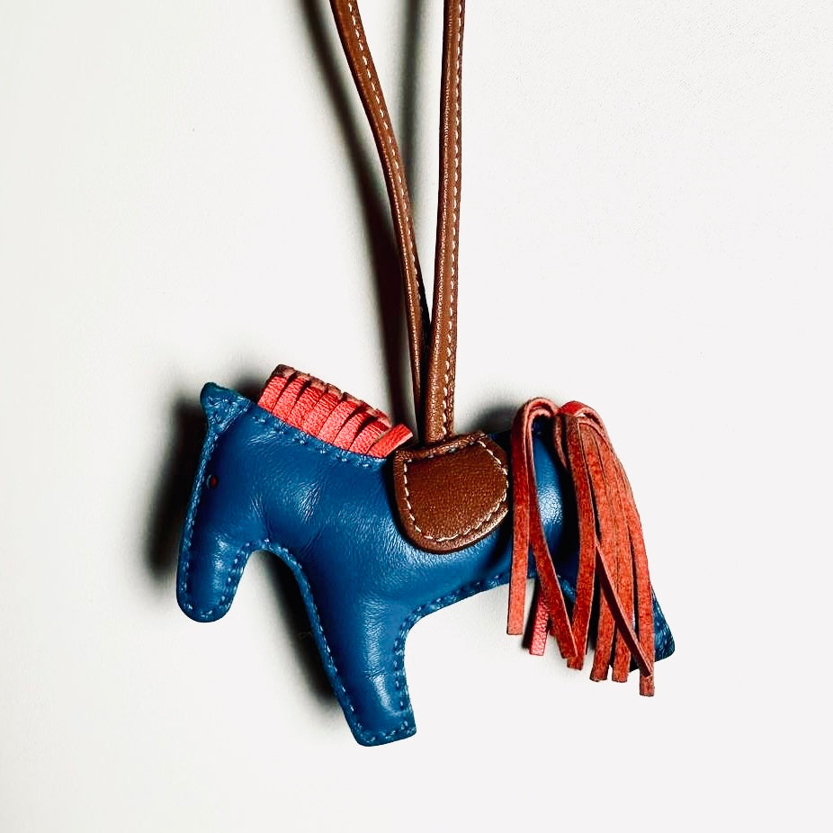 Hermes Rodeo PM Milo Lambskin Bag Charm Tri Colour Rouge Sellier / Bleu De France / Cornelian Feu
