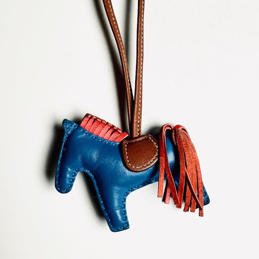Hermes Rodeo PM Milo Lambskin Bag Charm Tri Colour Rouge Sellier / Bleu De France / Cornelian Feu
