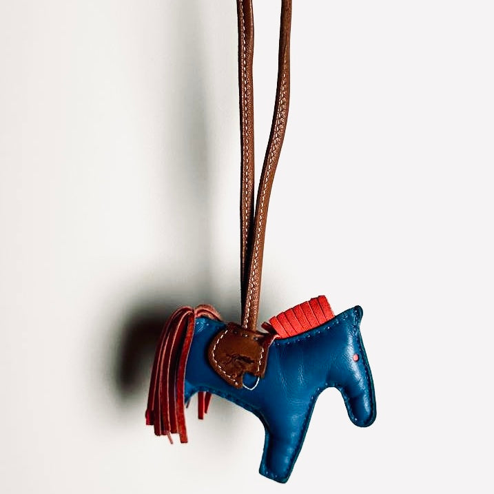Hermes Rodeo PM Milo Lambskin Bag Charm Tri Colour Rouge Sellier / Bleu De France / Cornelian Feu