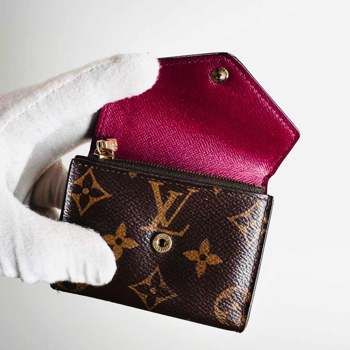 Louis Vuitton LV Zoe Monogram Logo & Fuchsia Leather GHW Compact Flap Trifold Wallet