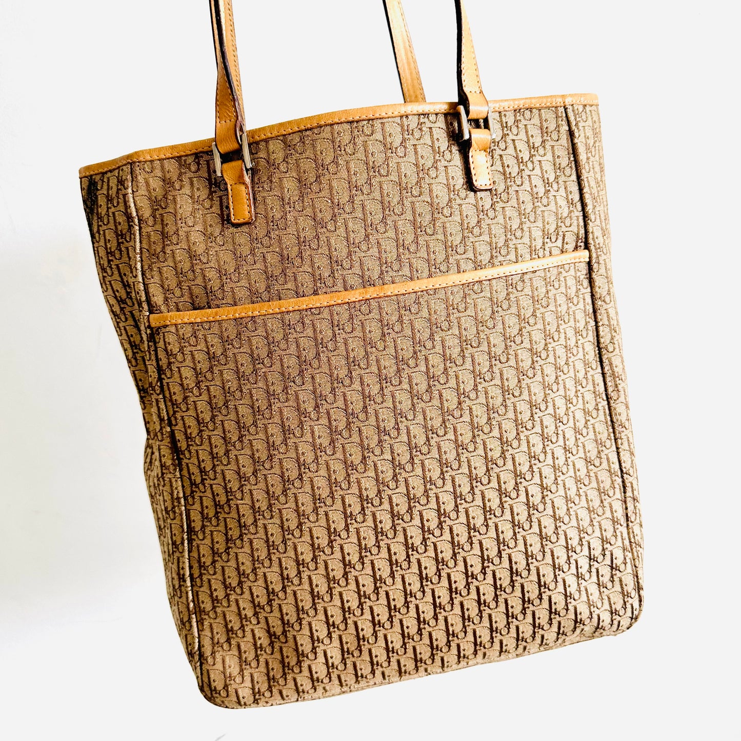 Christian Dior CD Caramel Brown Iridescent Monogram Logo Shopper Shoulder Tote Bag