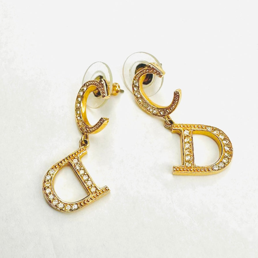 Christian Dior CD Giant Monogram Logo Gold Signature Crystals Vintage Stud Dangling Earrings
