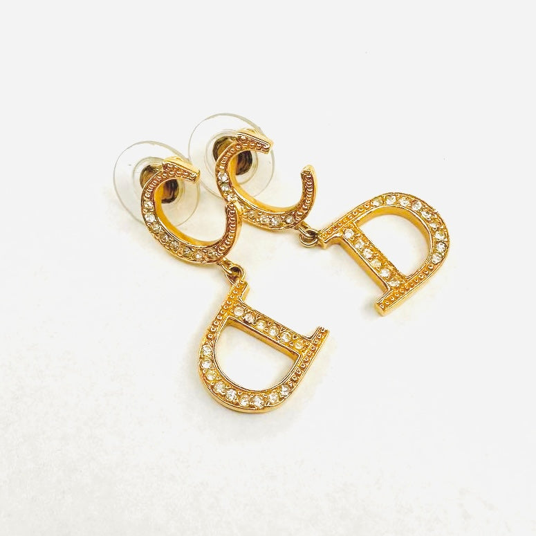 Christian Dior CD Giant Monogram Logo Gold Signature Crystals Vintage Stud Dangling Earrings