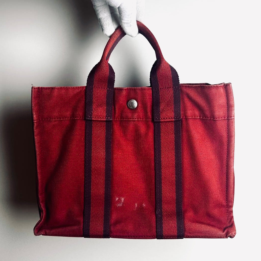 Hermes Herline PM Maroon Red Fourre Fool Toile Structured Shopper Tote Bag