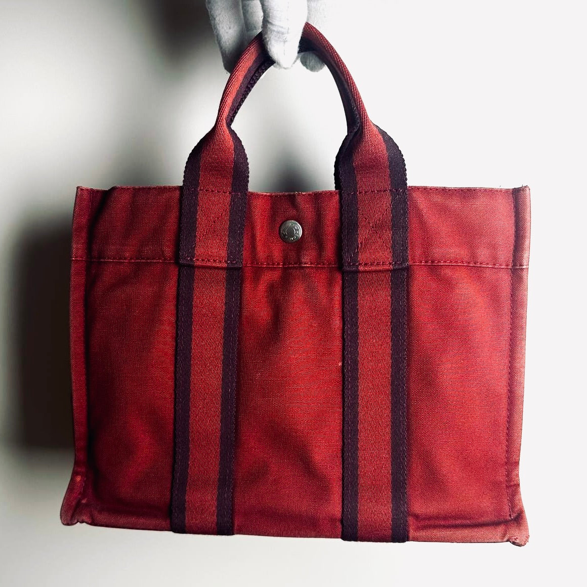 Hermes Herline PM Maroon Red Fourre Fool Toile Structured Shopper Tote Bag