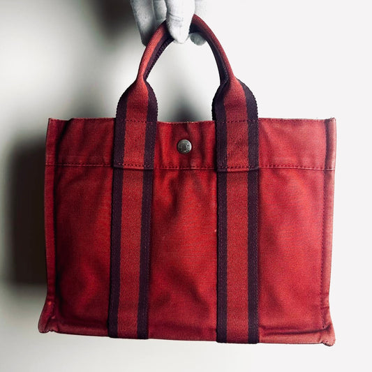 Hermes Herline PM Maroon Red Fourre Fool Toile Structured Shopper Tote Bag