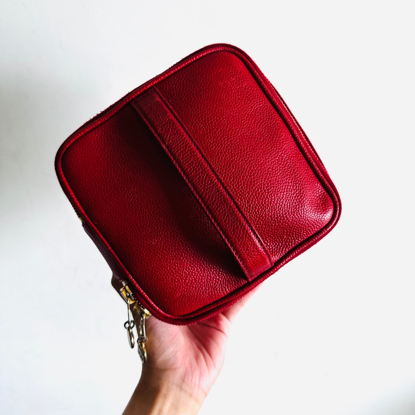 Chanel Cherry Red GHW Caviar Giant CC Logo Mini Wide Horizontal Vanity Case Vintage Top Handle Bag