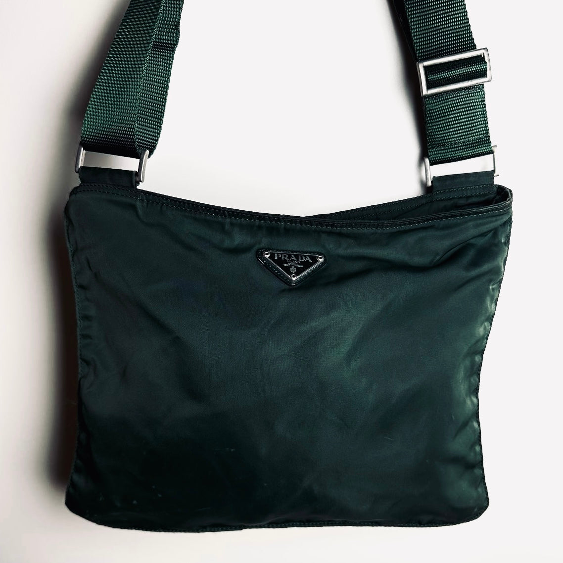 Prada Tessuto Dark Green Monogram Logo Nylon Shoulder Sling Bag